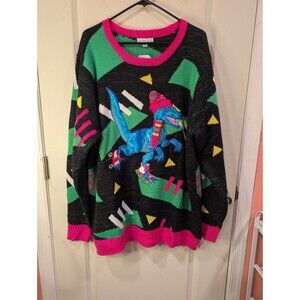 Womens Holiday Hype Ugly Christmas Sweater Skating Dino Retro 80s XXL